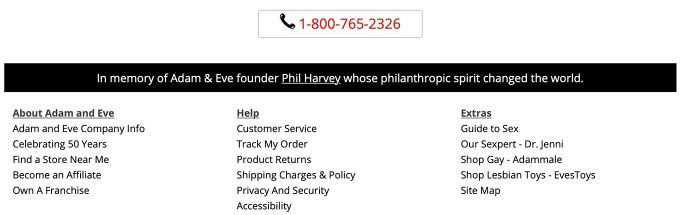screenshot of adam & eve's customer service number (1-800-765-2326) and other site navigation located near the footer including about, help, customer service, order tracking, and extras like sex guides and shopping links