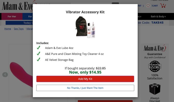 screenshot of a promotional pop up on the adam and eve website showing a vibrator accessory kit is available for $14.95