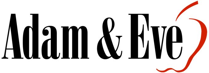 adam & eve logo in black text with its signature silhouette of a red apple on the right