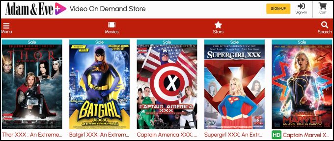 screenshot of the adam & eve plus video on demand screen displaying the playful sexy covers of several parody porn movies available on the service, all themed after marvel superheroes like thor, captain america, and supergirl, among others
