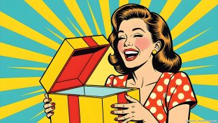 50s pop art style illustration of woman laughing and blushing after opening a gift