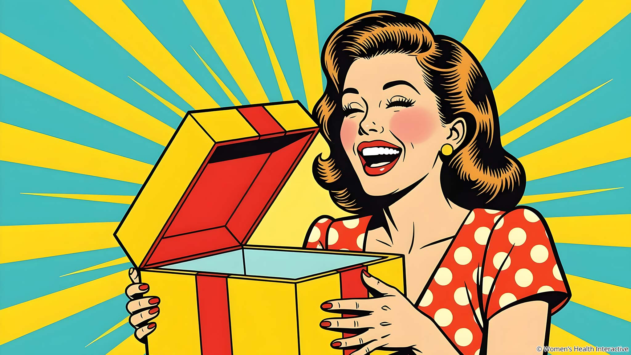 50s pop art style illustration of woman laughing and blushing after opening a gift