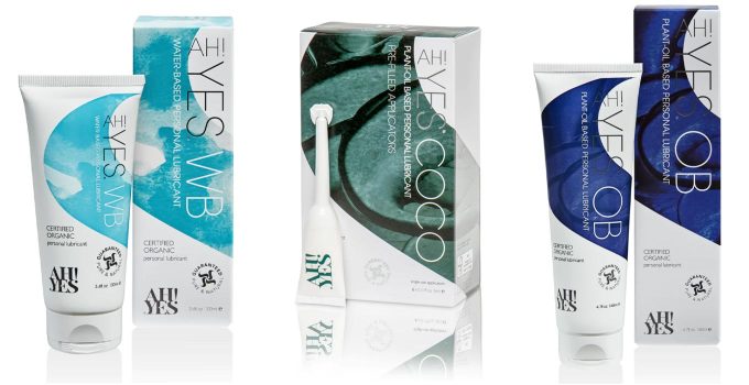 photograph displaying ah yes wb, coco, and ob — the three types of personal lubricants the company sells