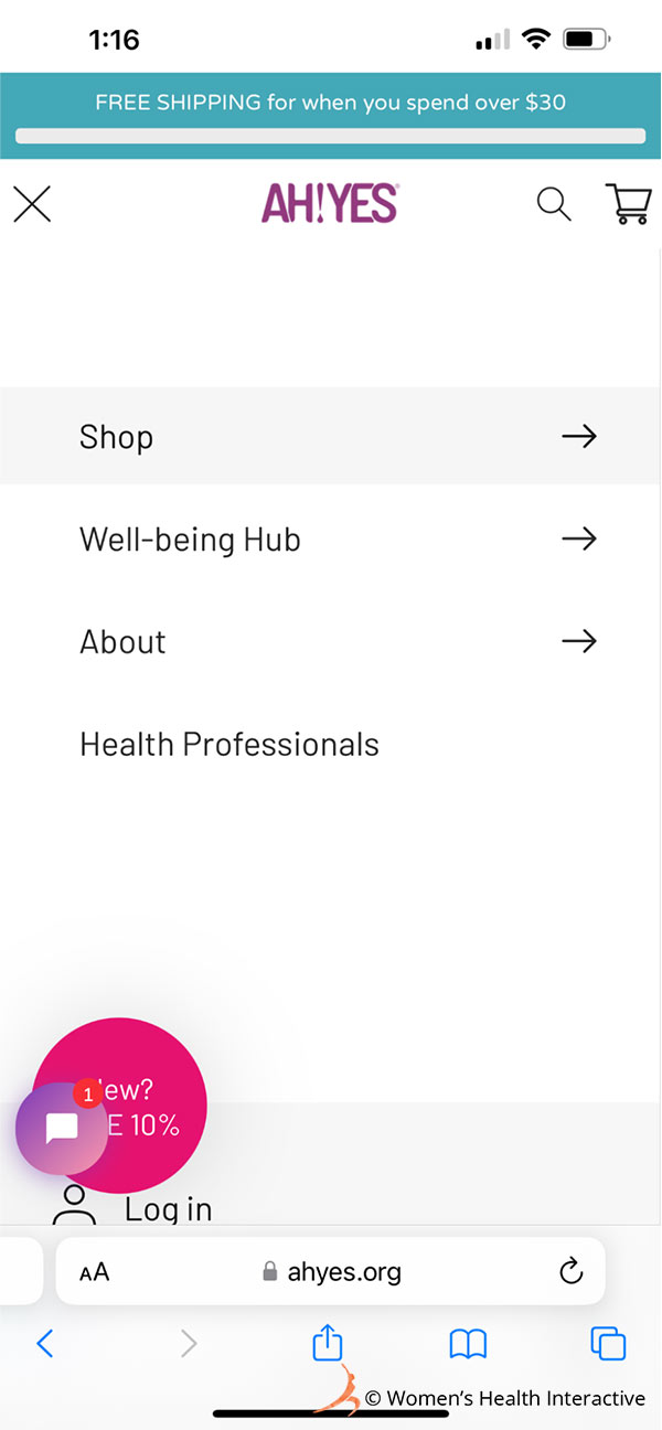 screenshot of mobile view of the ah yes website and accessing the shop menu