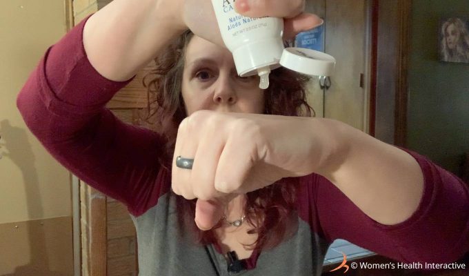 product tester alison applying aloe cadabra lube to the back of her hand