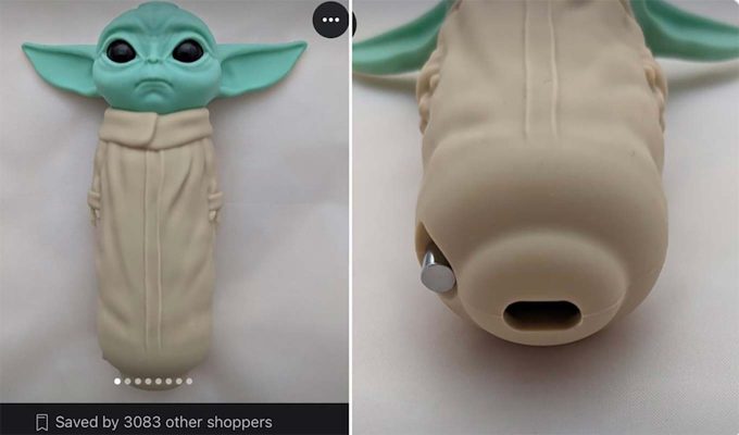 photograph featuring two views of a baby yoda pipe that's often mistaken for a fleshlight