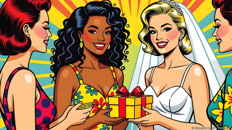 50's pop art illustration of women giving gifts to a bride during a bachelorette party