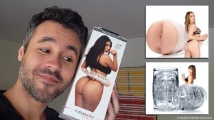 collage image of product tester justin holding the violet myers ahegao anal fleshlight box against his head with loving expression on his face with drop-shadow image insets of the mia malkova boss level anal fleshlight and the riley reid quickshot to the right, best anal fleshlights concept