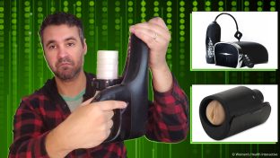 collage image of product tester justin holding a fleshlight universal launch in his hand with inset images of two other automatic strokers, the vedo hummer 2 in the upper right and the kiiroo keon in the lower right