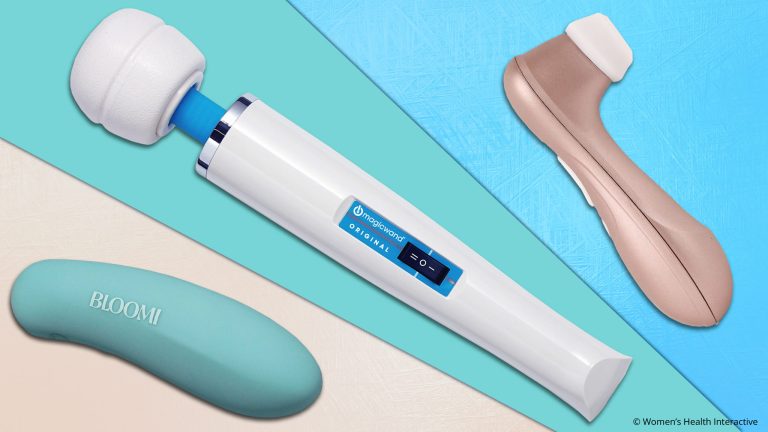 collage image of three beginner vibrators at angles, one right next to the other, against a complementary color panel: bloomi mini play bullet vibrator, hitachi magic wand massager, and satisfyer pro 2 clit sucker