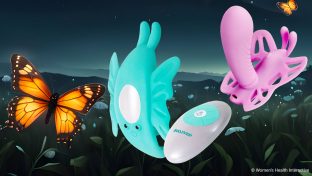 two butterfly vibrators (evolved butterfly effect and butterfly venus g) against a twilight sky background with illustrated butterflies