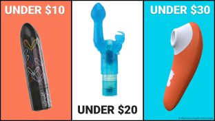 three panel image featuring three vibrators under $30; the first panel has "under $10" text with the lovebuzz bullet, the second panel has "under $20" with the bunny kiss rabbit, and the third panel has "under $30" text with the romp switch