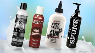 the best cum lubes in a row against a colorful background: master series jizz lube, bust it nut butter, calexotics fuck sauce, spunk hybrid