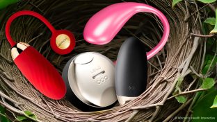 several different egg vibrators in bird's nest against a bright green floral background: svakom ella neo, lelo lyla 2, lovense lush 3