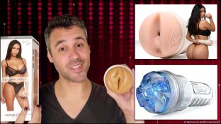 collage image featuring product tester justin holding the autumn falls cream texture fleshlight and box because it is the best fleshlight sleeve, with two inset images of other top picks: violet myers ahegao anal fleshlight and the turbo thrust
