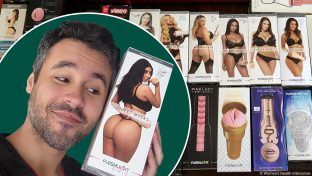 collage image featuring a background image of a photograph of more than a dozen fleshlight products our team tested with an image of product tester justin holding the violet myers ahegao anal fleshlight box with a playful smile on his face while leaning his head against it