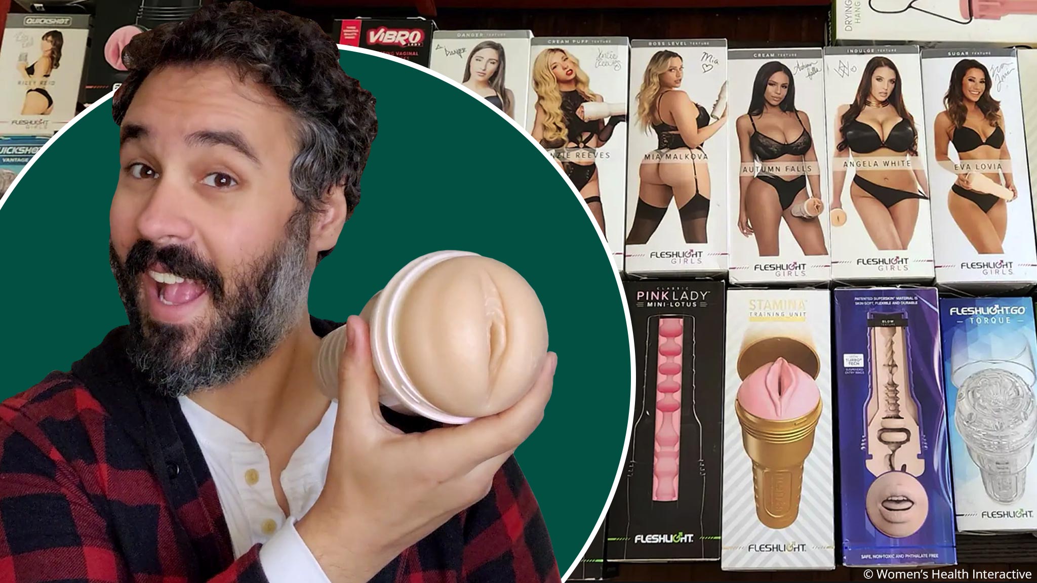 collage image featuring a background image of a photograph of more than a dozen fleshlight products our team tested with an image of product tester justin holding one of them with a wide smile and excited expression on his face