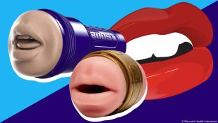image collage of two mouth fleshlights boost blow and quickshot stu mouth/butt against a split colored background with light blue and dark blue with vector illustration of luscious red lips, blowjob concept