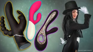 the three best rabbit vibrators our team tested: happy rabbit triple curve, lelo ina wave and lelo soraya against magical sparkly background with playful female magician tipping her hat to the viewer