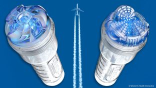 image collage featuring a deep blue sky with a jet flying vertically leaving a vertical contrail through the center of the image, with the fleshlight turbo thrust and fleshlight turbo core male masturbators on either side of the contrail, jet-like sex toy concept