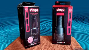 collage image featuring a photograph of the fleshlight vibro lady and fleshlight vibro butt vibrating fleshlights on a table with a background featuring a ripple texture to denote intense vibrations being associated with these male masturbators and strokers