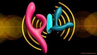 three remote vibrators grouped together against abstract background, we-vibe nova 2 rabbit vibrator, we-vibe moxie+ panty vibrator, and we-vibe vector+ prostate vibrator and massager
