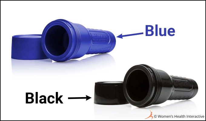 image depicting two empty fleshlight cases, one blue and one black, labeled with their respective colors to depict the options available when ordering a custom fleshlight