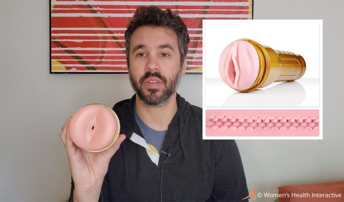 photograph of product tester justin holding the fleshlight stamina training unit butt in his hand with an inset image of the vulva/lady version of it and its internal texture in the upper right hand corner