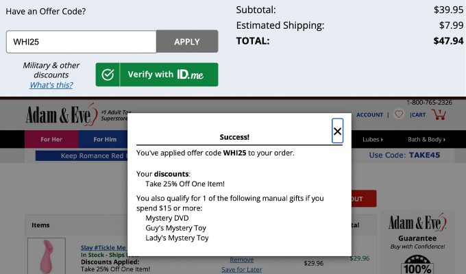 paneled screenshot of where to enter an offer code on the adam and eve website during the checkout process