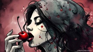 inky illustration of a sensual woman holding a large cherry to her lips, about to place it in her mouth, clit sucking and oral sex on a woman concept