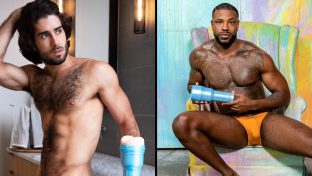 split screen image of two porn actors who have fleshjacks modeled after their anatomy, representing part of the fleshjack line of products