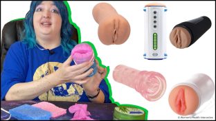 collage image featuring a woman holding a diy fleshlight made from a pringles can with cut out images of various strokers and male masturbators on the right