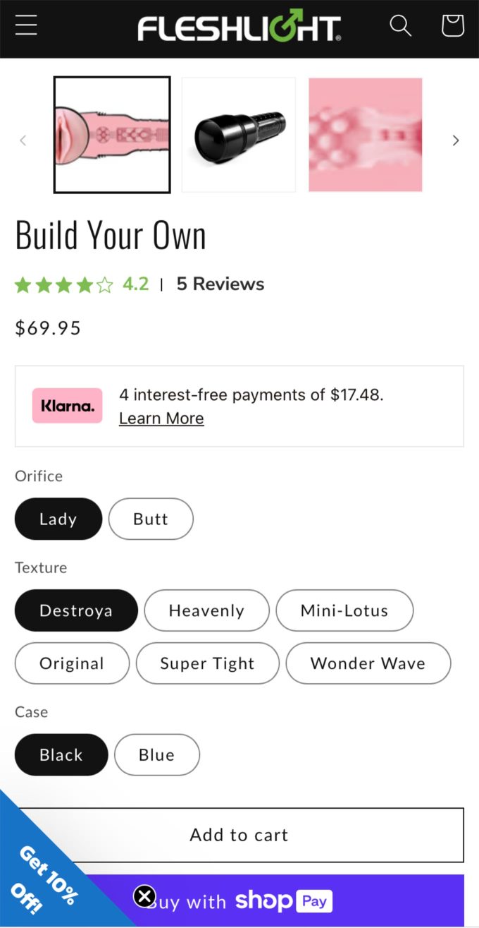 screenshot of the mobile view of the build your own fleshlight custom fleshlight ordering screen