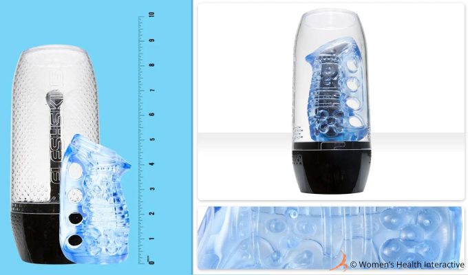 split-screen image of a fleshlight fleshskin with its case against a ruler marker on the left showing its case height of 9 inches and stroker height of 5.5 inches with a product photograph of a fleshskin on the right