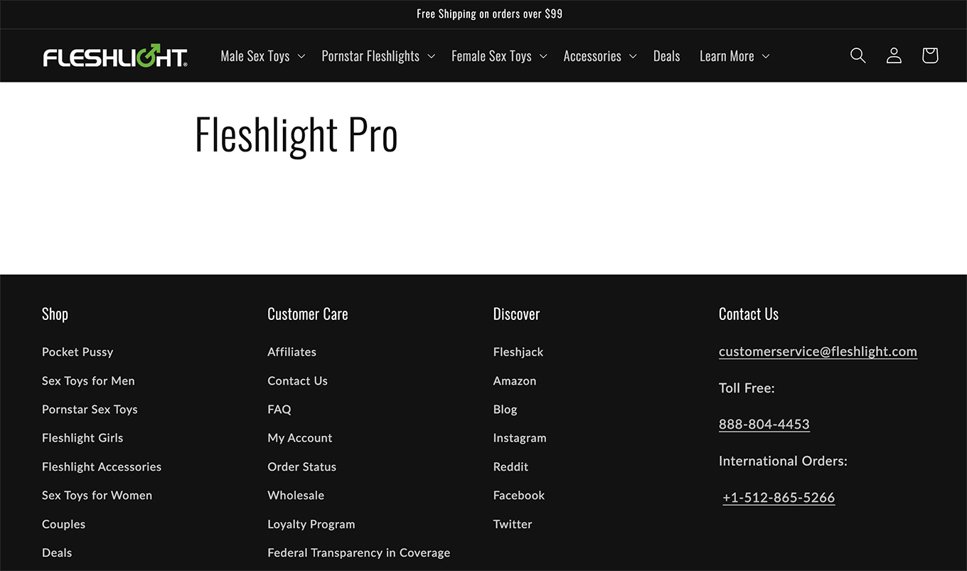 screenshot of the fleshlight pro page on fleshlight's site, displaying a large white area with no information and simply the words, fleshlight pro
