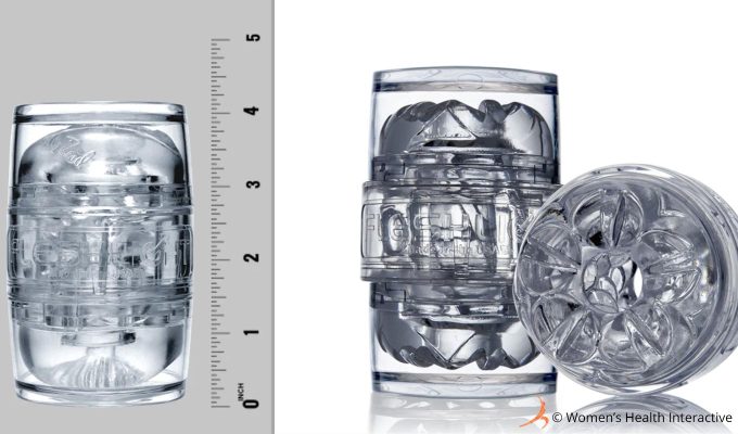 split-screen image showing a fleshlight quickshot against a ruler marker on the left showing its height of four inches with a product photo of two quickshots on the right