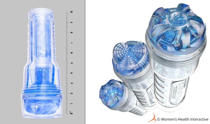 split-screen photograph of a fleshlight flight against a ruler marker on the left showing its height of nearly 10 inches with a product photograph on the right showing three flights together