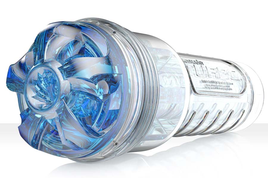 product image of the fleshlight turbo throttle stroker with icy blue clear sleeve and a clear case against a white reflective background