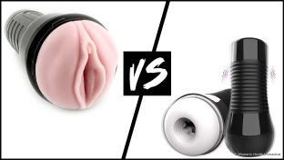 split-screen image featuring a fleshlight on the left and two stroker masturbators on the right