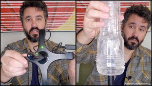 split screen image of product tester justin holding the fleshlight sleeve warmer on the left and a second photograph of him placing a clear fleshlight on the warming stick as part of a demonstration on how to use it