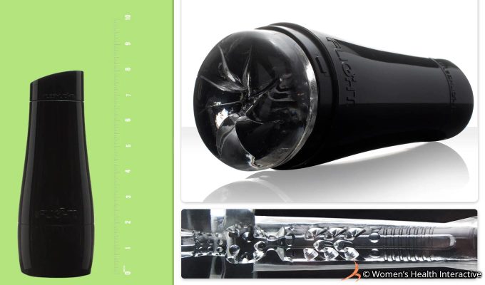 split-screen image of a fleshlight flight against a ruler marker on the left showing its height of 8" with a product photo on the right