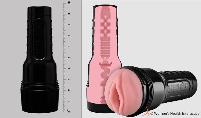 split-screen image featuring a full size fleshlight against a ruler marker on the left showing its case height at almost 10 inches and a product photograph of a fleshlight at the right