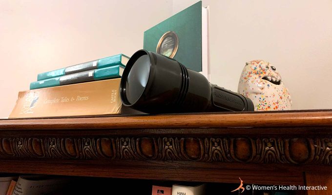 photograph taken from below the top of a shelf, angled upward toward the ceiling to show a capped fleshlight laying beside a couple of books as an example of where to hide a fleshlight 