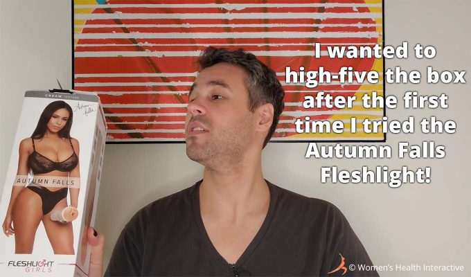 amusing photograph of justin looking at the autumn falls cream fleshlight box with text overlay that reads: i wanted to high-five the box after using the autumn falls fleshlight for the first time