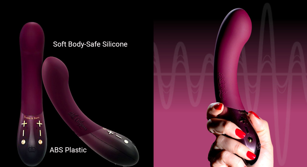 two-panel image featuring the hot octopuss kurve with text listing that it's made from body-safe silicone and abs plastic on the left, and an image of a hand holding the g-spot vibrator on the right
