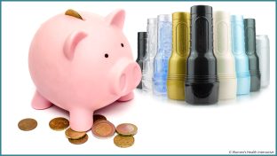 image of a piggy bank with coins spread around its feet with a series of fleshlight models in the background to the right