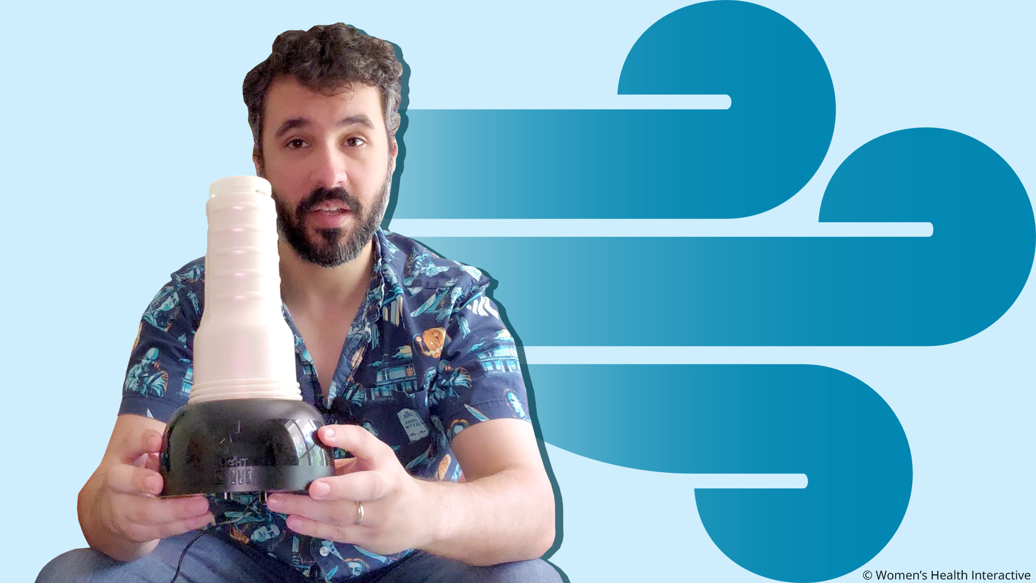 collage image featuring justin holding the fleshlight air dryer against a contemporary blue background and a graphic signifying wind