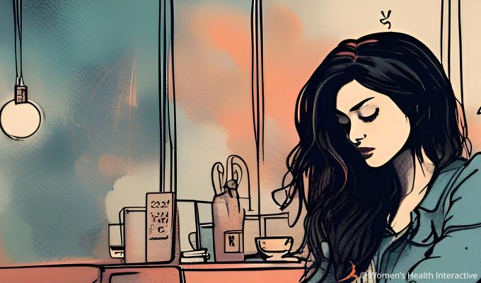 inky profile illustration of a contemplative woman looking down toward her crotch while sitting alone in a cafe