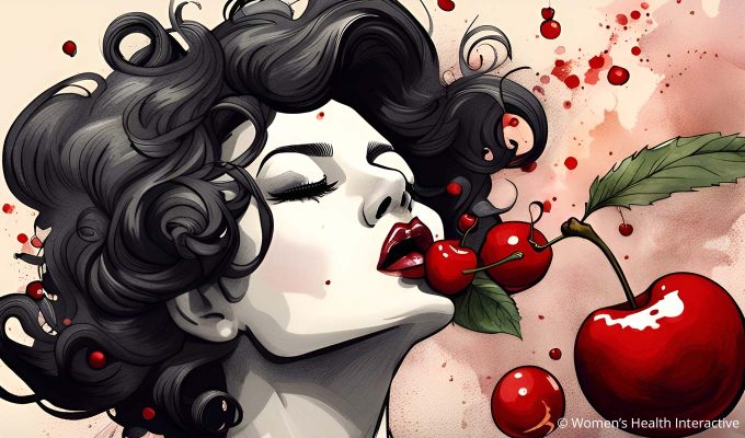 inky illustration of a beautiful woman with her head tipped upward with a cherry resting against her lips as though about to lick and suck it, cunnilingus concept