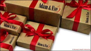 packages wrapped in plain brown paper with pretty deep red bows and the adam & eve logo stamped on each